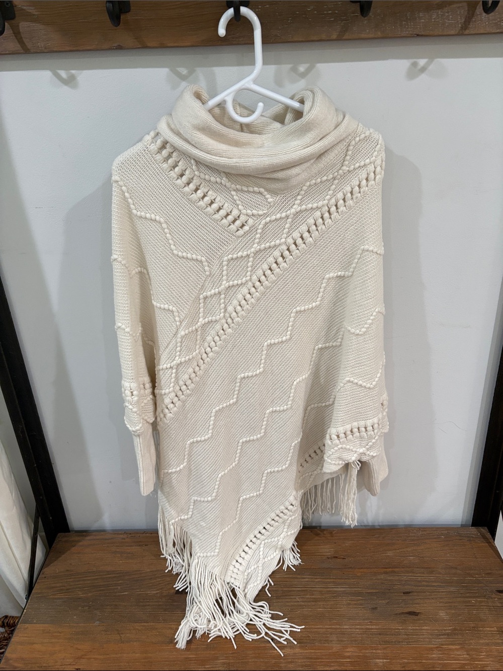Cream Cable-Knit Turtleneck Poncho Sweater